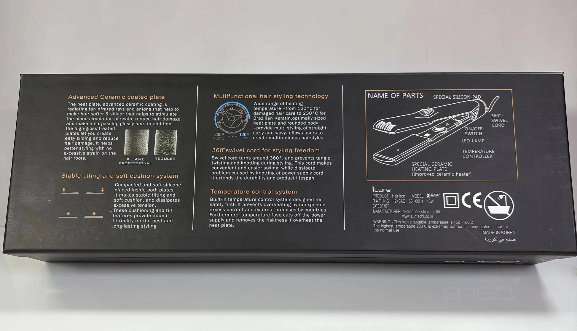 X‑Care Professional Hair Straightener at 230 °C with ceramic plates, black and silver design, for sleek, straight hair.